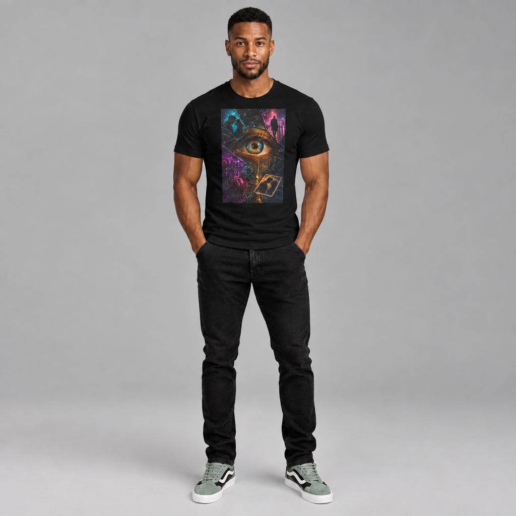 Model wearing black MarcSteven Colorful Eye T with colorful eye graphic
