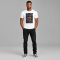 Full-body model wearing white MarcSteven Colorful Eye T with multicolor eye graphic