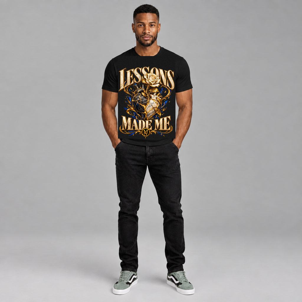 MarcSteven Lessons Made Me T — black tee, gold LESSONS MADE ME design